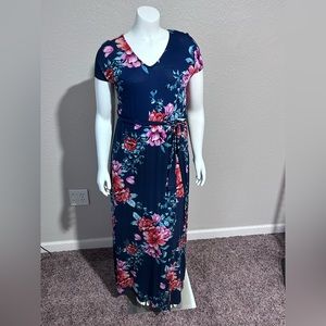Chris & Carol Floral Short Sleeve Maxi Dress Tie Waste Size Small